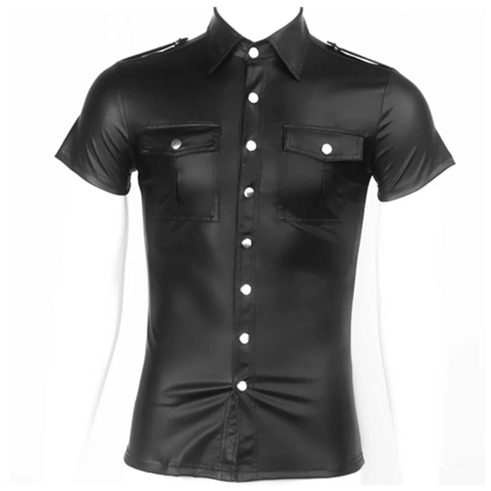 Fetish Clubwear Shirt - Faux Leather with Wetlook Button Design