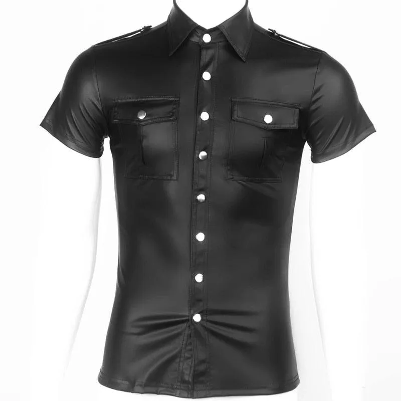 Fetish Clubwear Shirt - Faux Leather with Wetlook Button Design