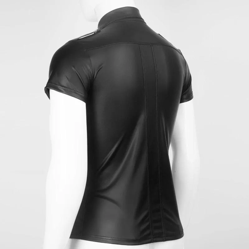 Fetish Clubwear Shirt - Faux Leather with Wetlook Button Design