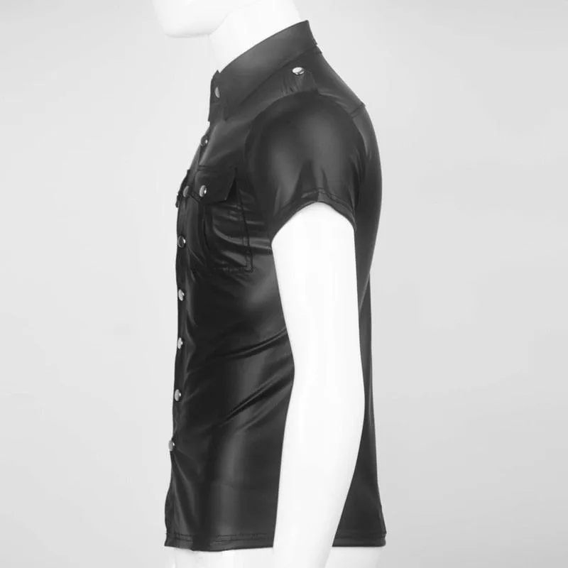 Fetish Clubwear Shirt - Faux Leather with Wetlook Button Design