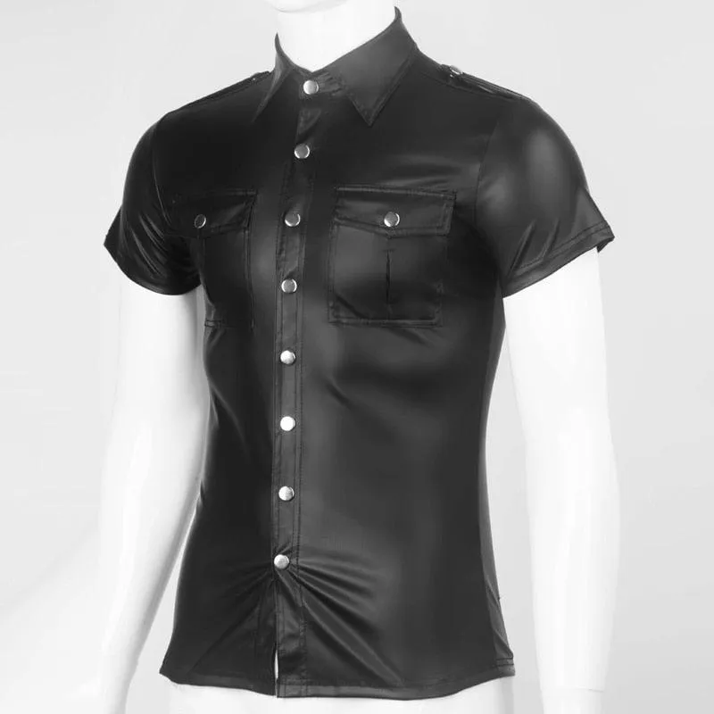 Fetish Clubwear Shirt - Faux Leather with Wetlook Button Design