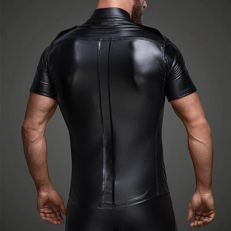 Fetish Clubwear Shirt - Faux Leather with Wetlook Button Design