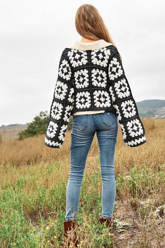 Floral Crochet Cardigan - Two-Tone Square Knit