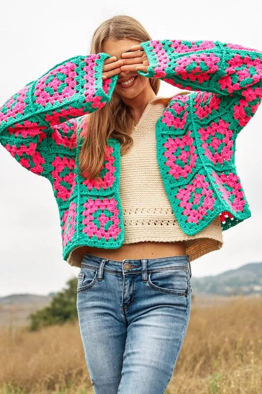 Floral Crochet Cardigan - Two-Tone Square Knit