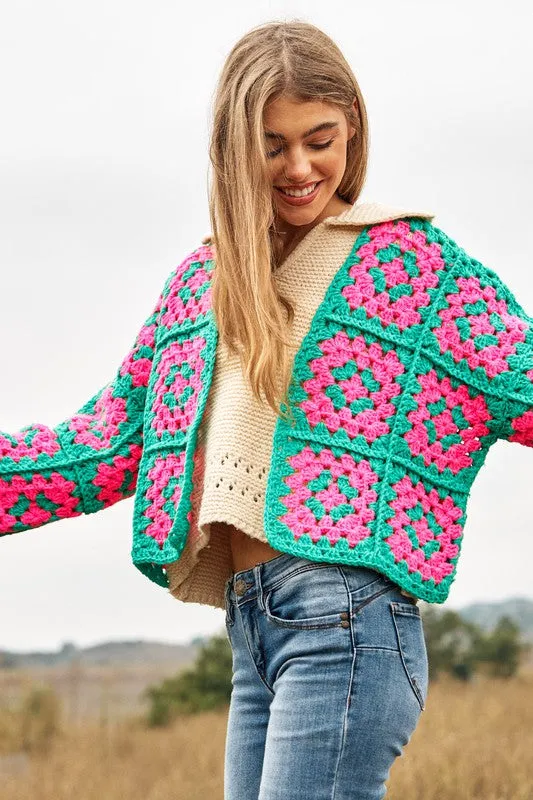 Floral Crochet Cardigan - Two-Tone Square Knit