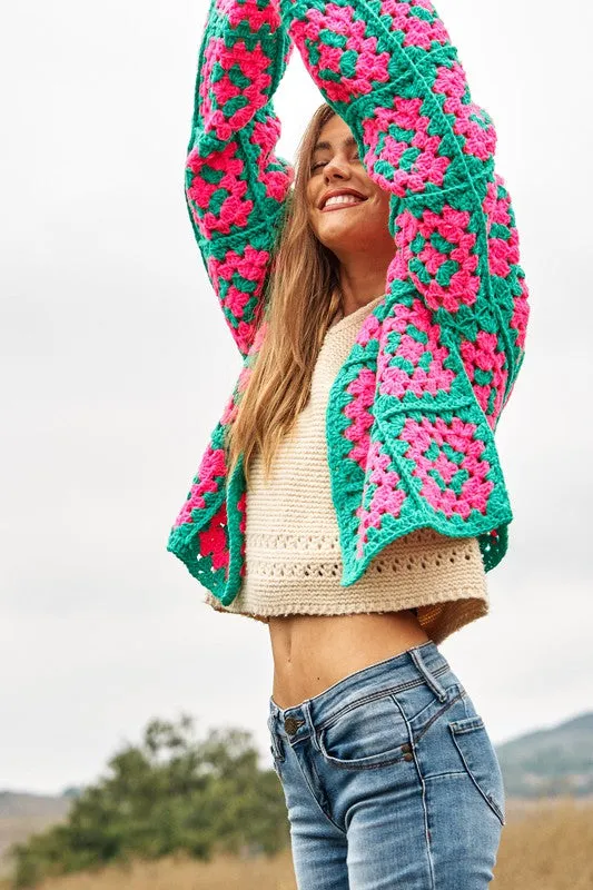 Floral Crochet Cardigan - Two-Tone Square Knit