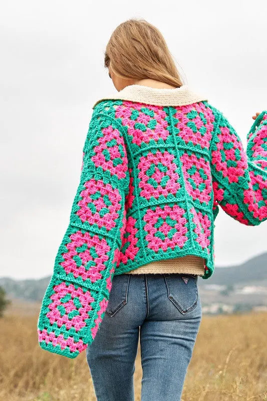 Floral Crochet Cardigan - Two-Tone Square Knit