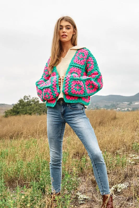 Floral Crochet Cardigan - Two-Tone Square Knit