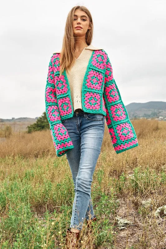 Floral Crochet Cardigan - Two-Tone Square Knit