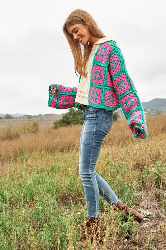 Floral Crochet Cardigan - Two-Tone Square Knit