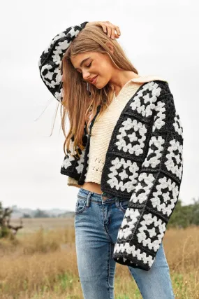 Floral Crochet Cardigan - Two-Tone Square Knit