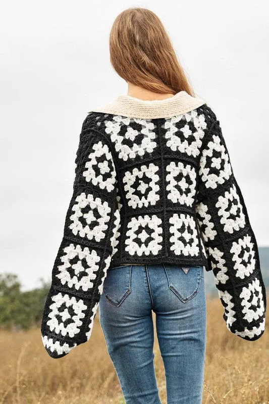 Floral Crochet Cardigan - Two-Tone Square Knit