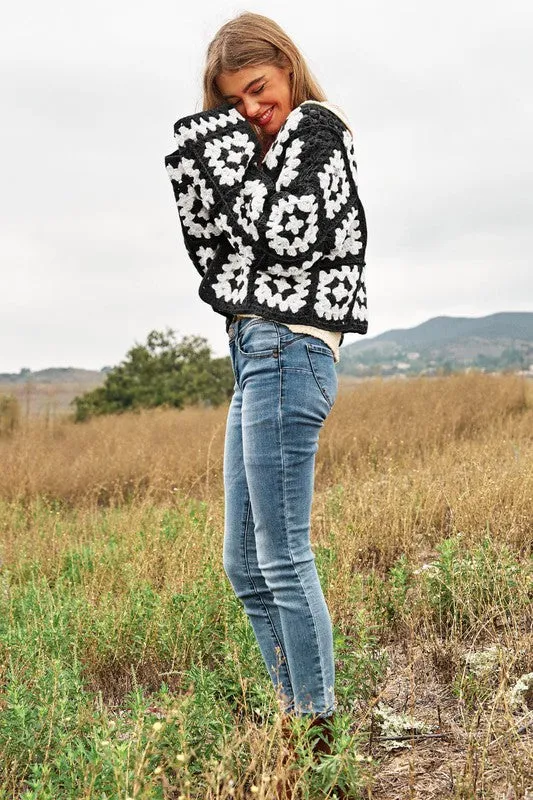 Floral Crochet Cardigan - Two-Tone Square Knit