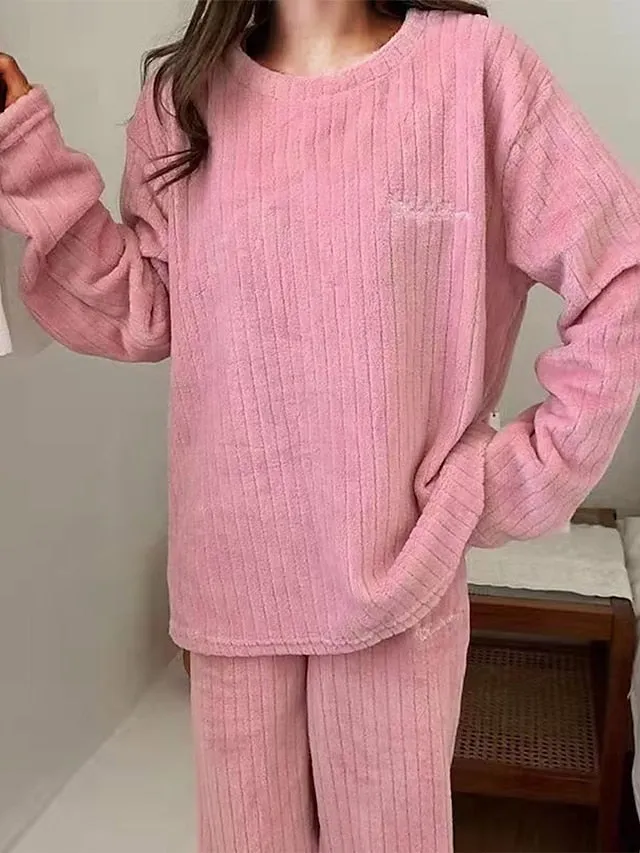 Fluffy Coral Fleece Pajama Set with Plush Letter Detailing for Women - Exclusive Offer