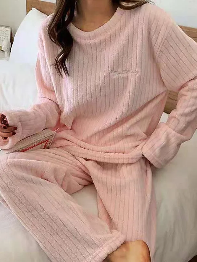 Fluffy Coral Fleece Pajama Set with Plush Letter Detailing for Women - Exclusive Offer