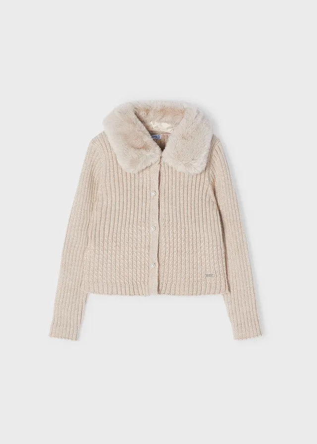 Furry collar cardigan for girls - Sepia