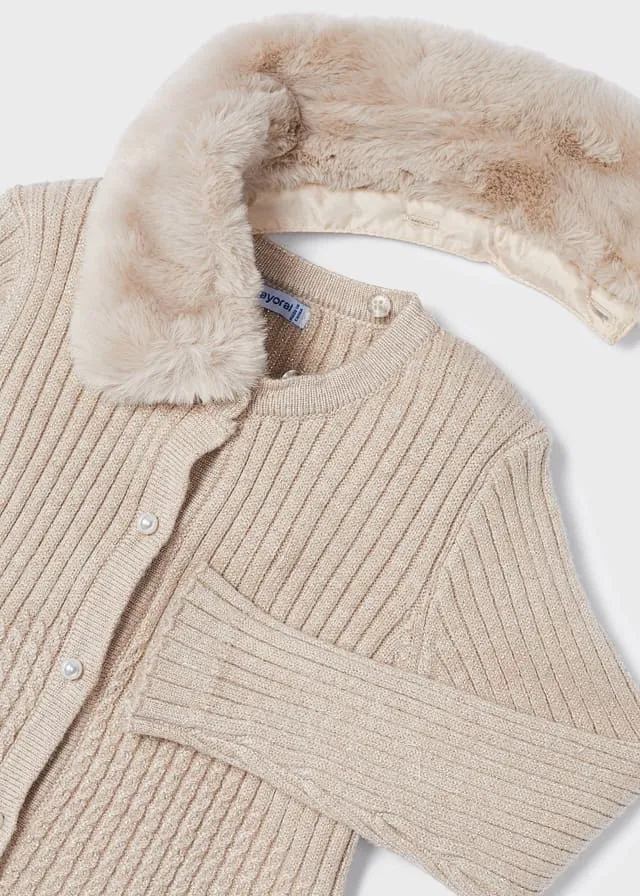 Furry collar cardigan for girls - Sepia