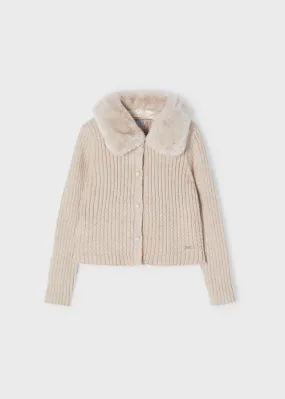 Furry collar cardigan for girls - Sepia