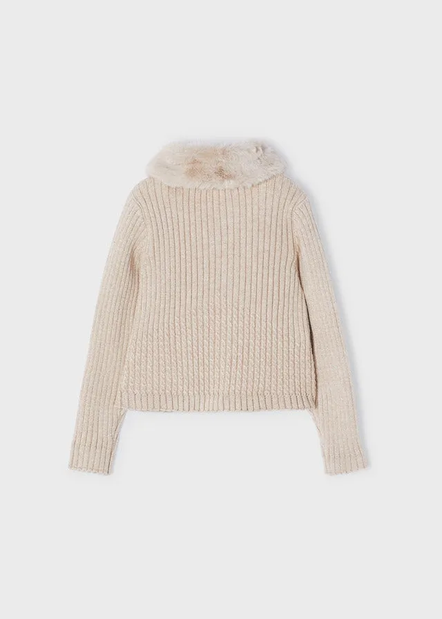 Furry collar cardigan for girls - Sepia