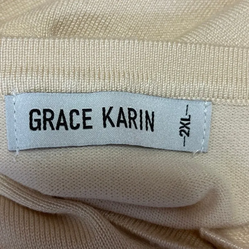 Grace Karin Cream Acrylic Blend Short Sleeve Button Up Cardigan Sweater Size 2XL