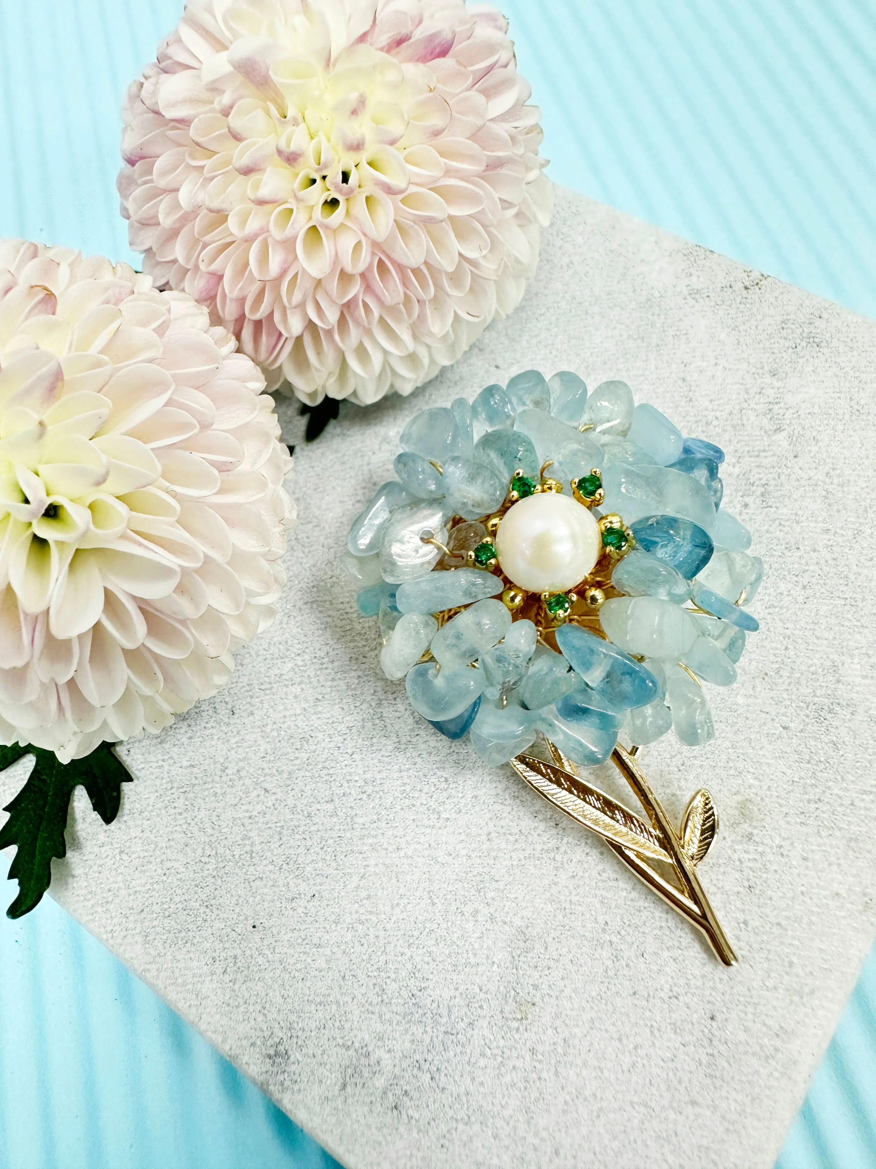 Handmade Aquamarine Flower Brooch LP003