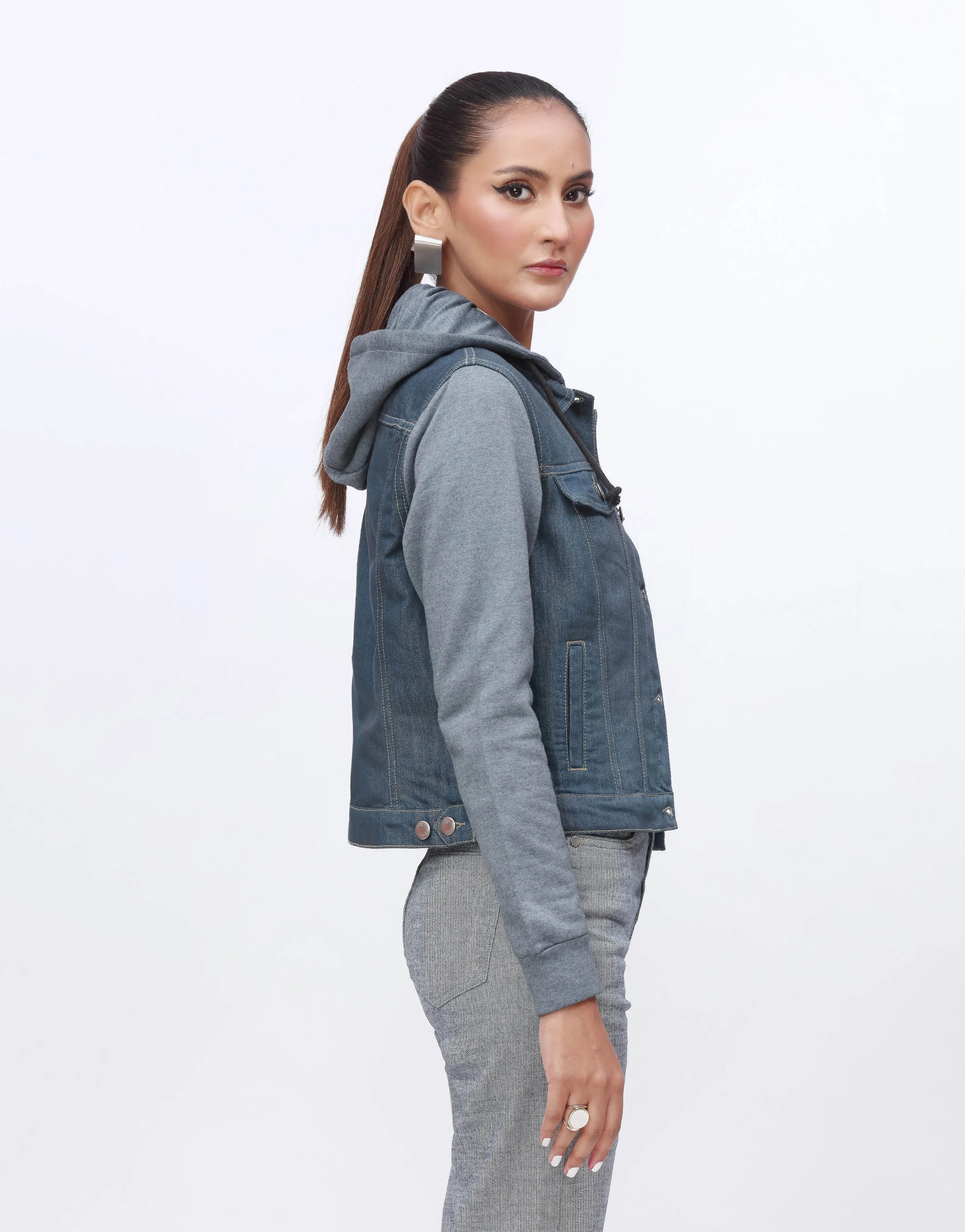 (Hoodie Denim Jacket) Fleece Sleeves Dark Wash