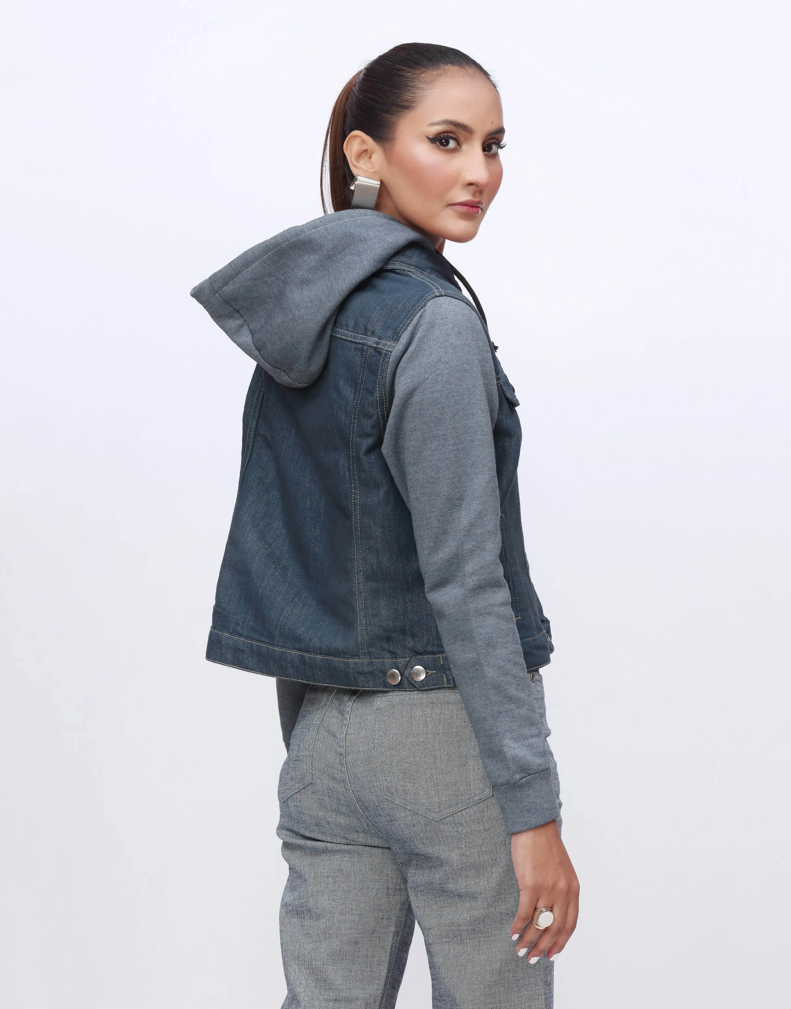 (Hoodie Denim Jacket) Fleece Sleeves Dark Wash