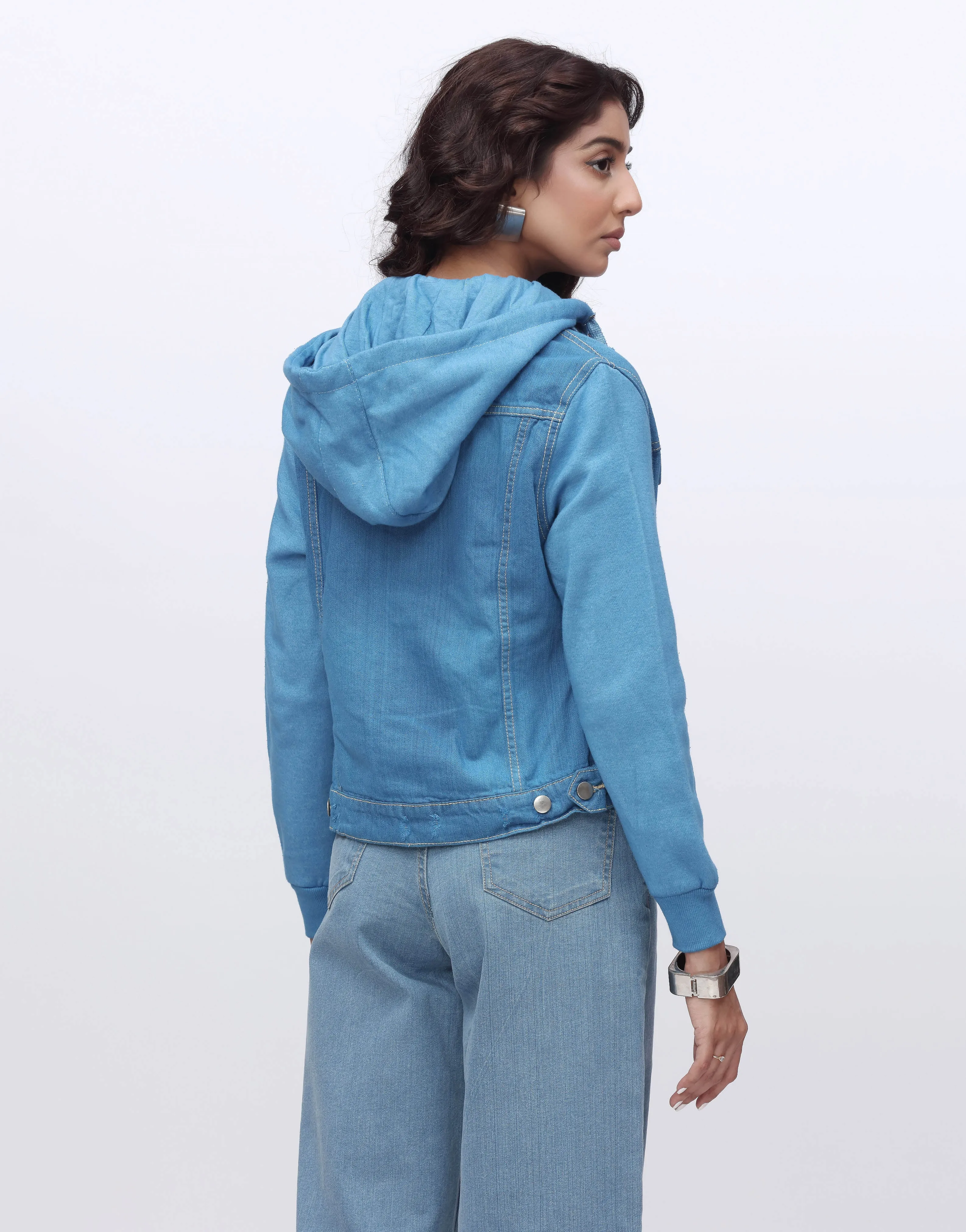 (Hoodie Denim Jacket) Fleece Sleeves in Vintage Blue