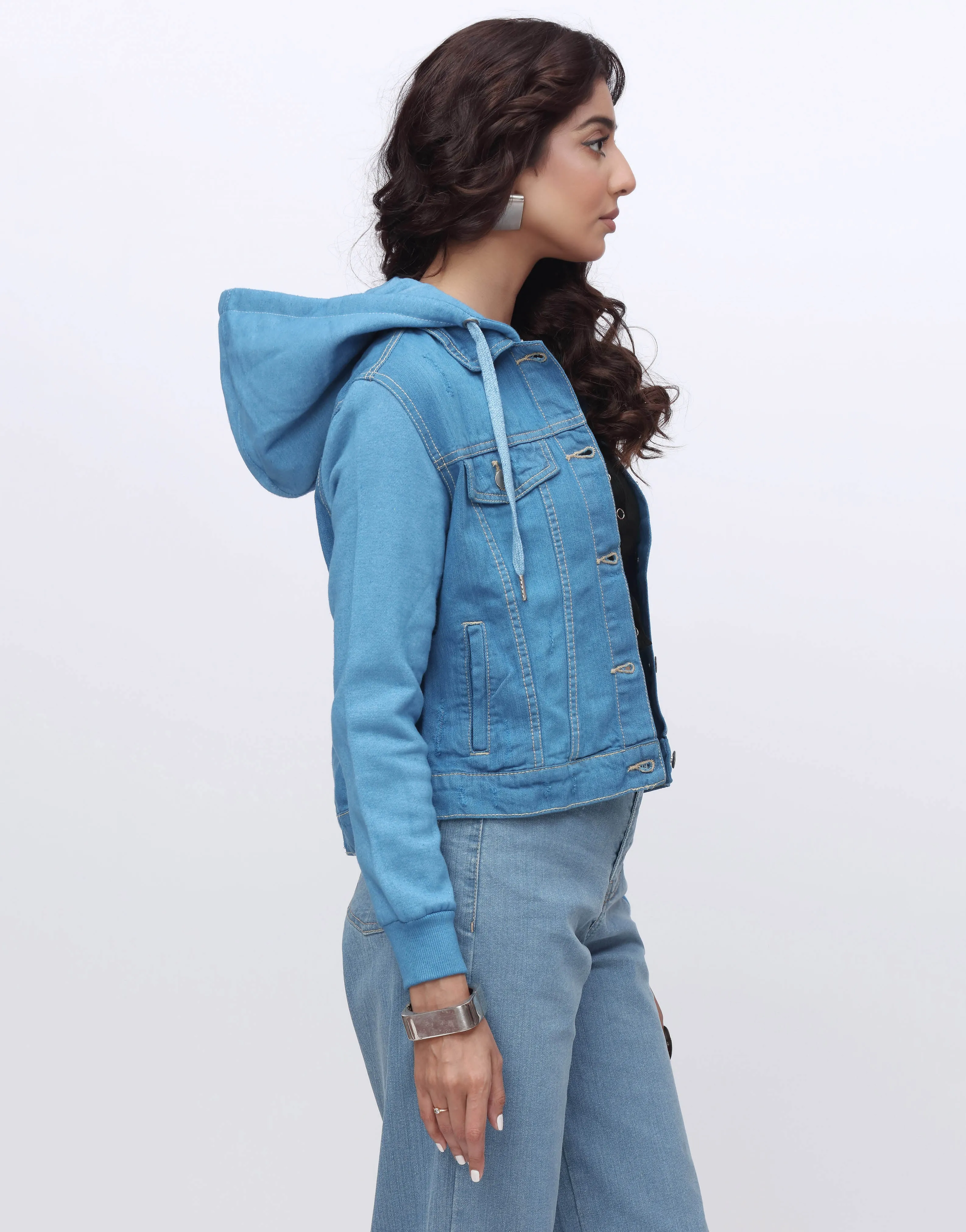 (Hoodie Denim Jacket) Fleece Sleeves in Vintage Blue