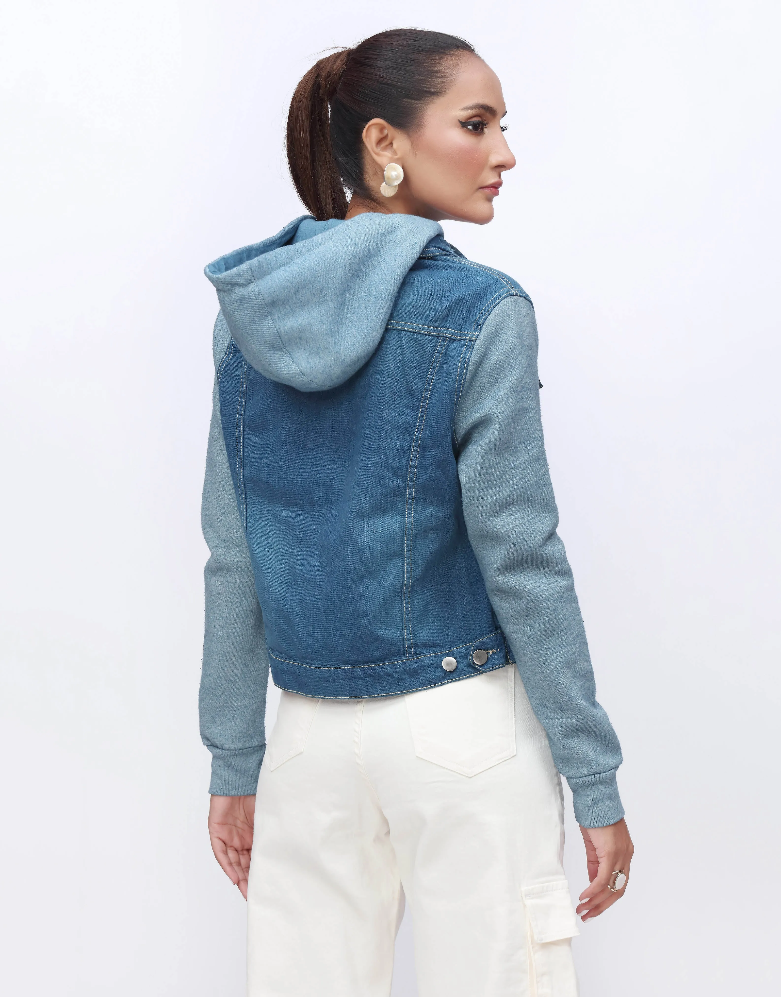 Hoodie Denim Jacket with Fleece Sleeves in Stone Wash - Seconds