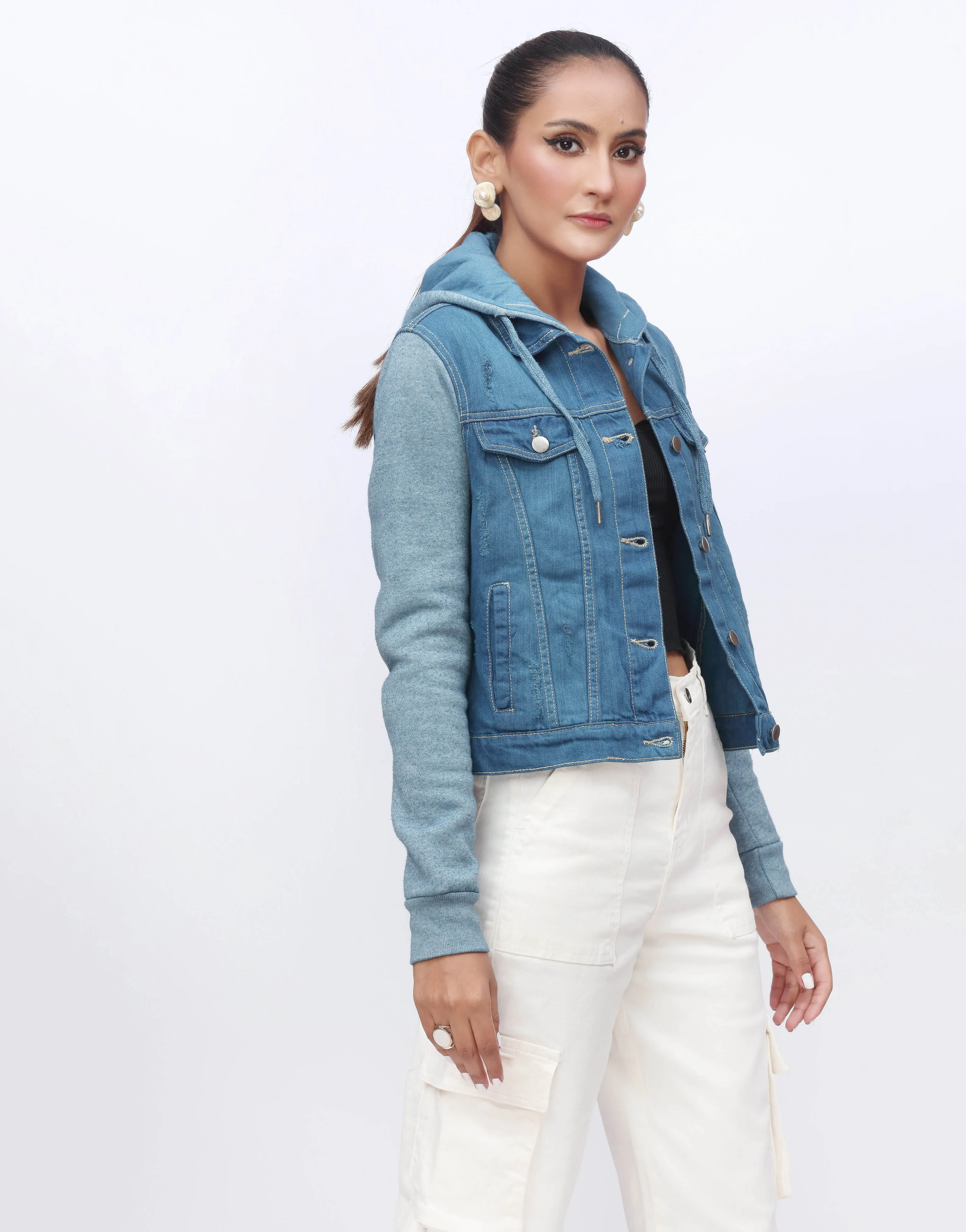 Hoodie Denim Jacket with Fleece Sleeves in Stone Wash - Seconds