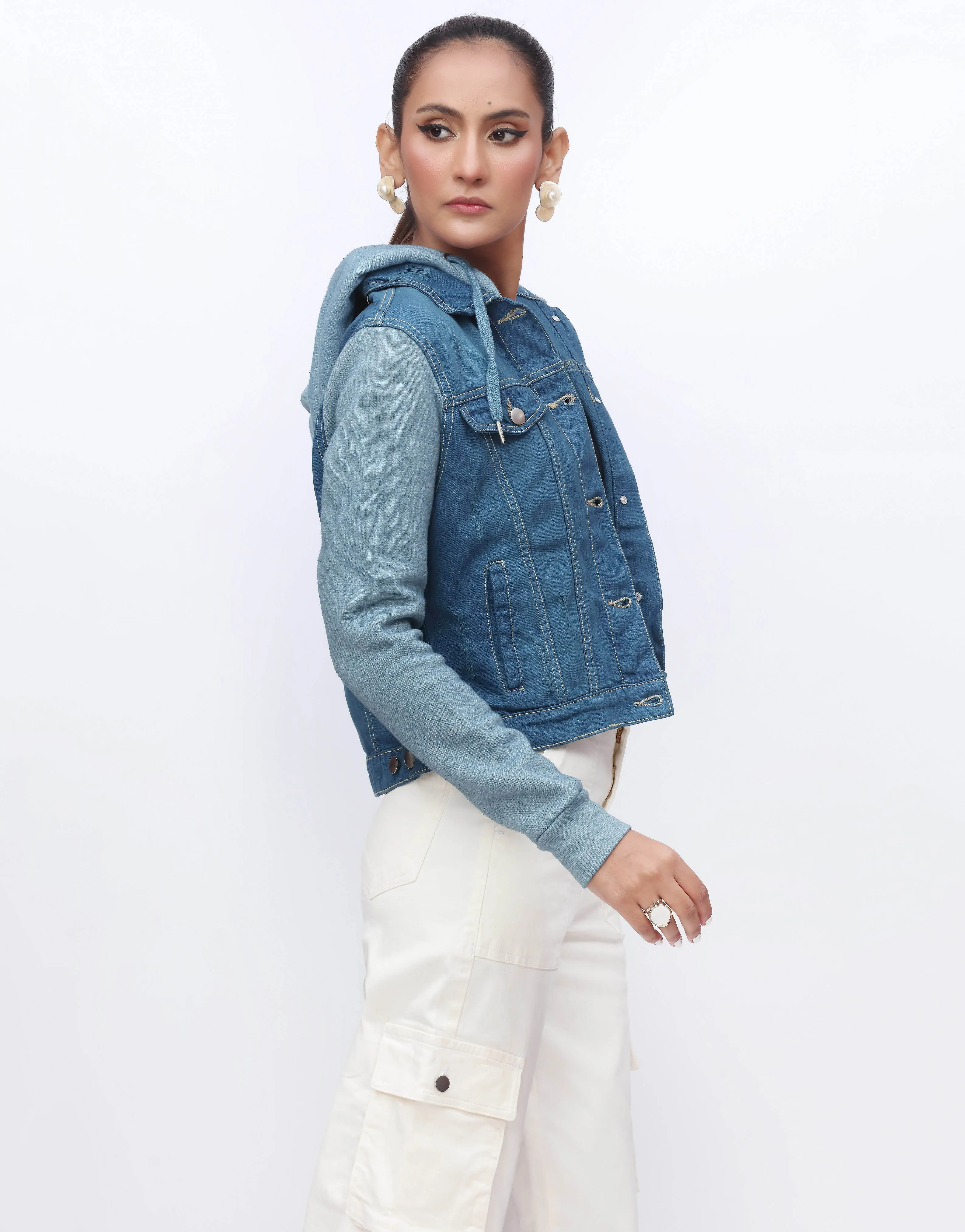 Hoodie Denim Jacket with Fleece Sleeves in Stone Wash - Seconds