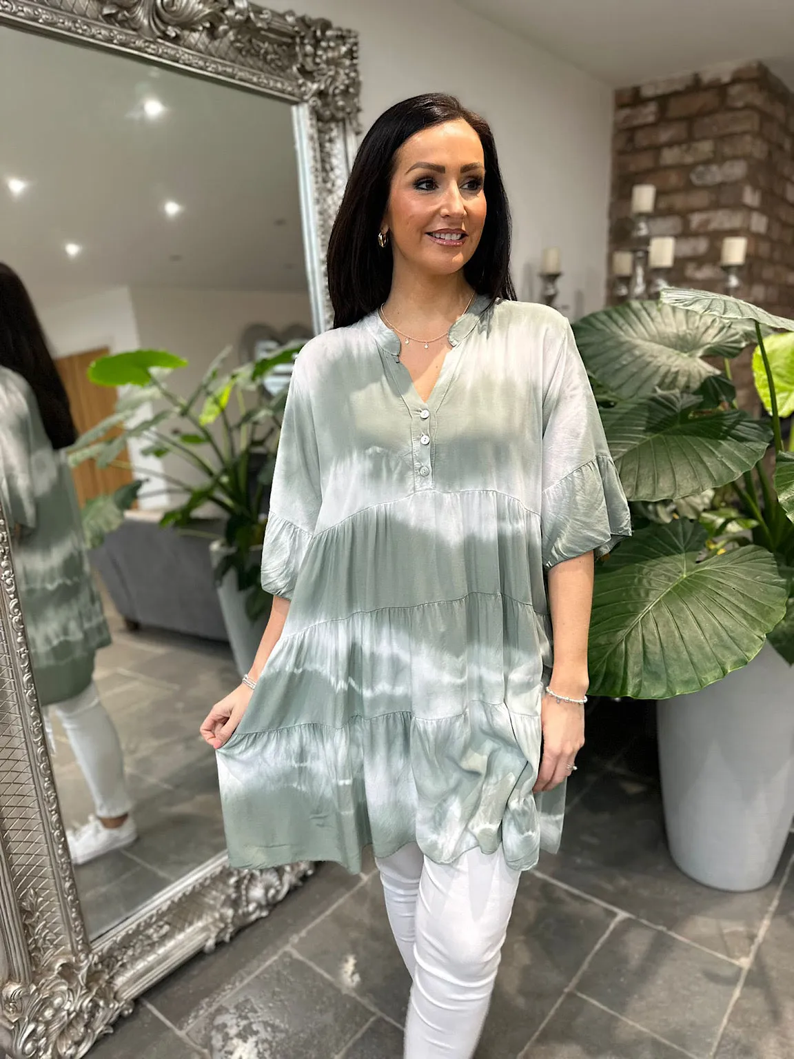 Khaki Tie Dye Tiered Tunic