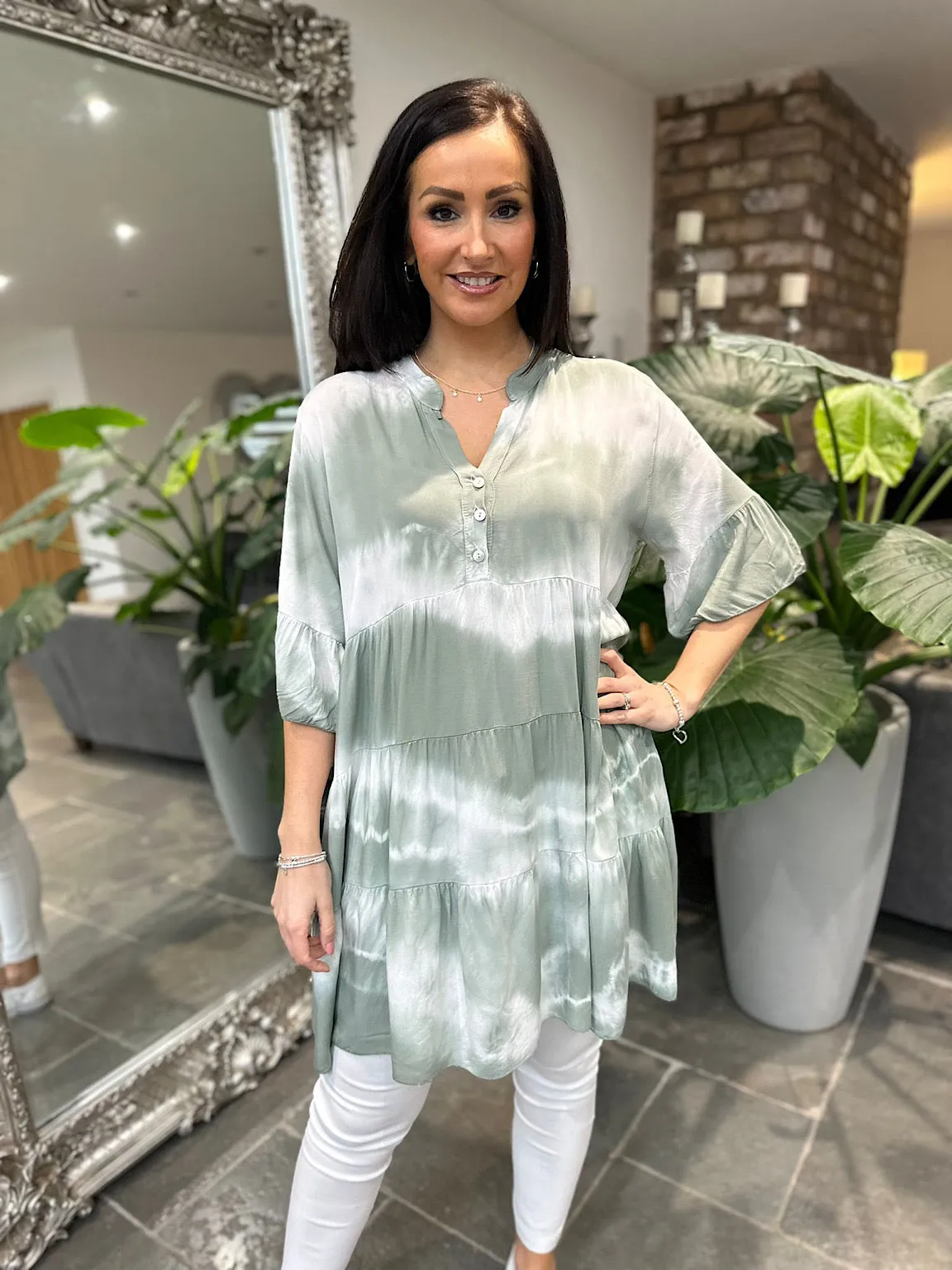 Khaki Tie Dye Tiered Tunic