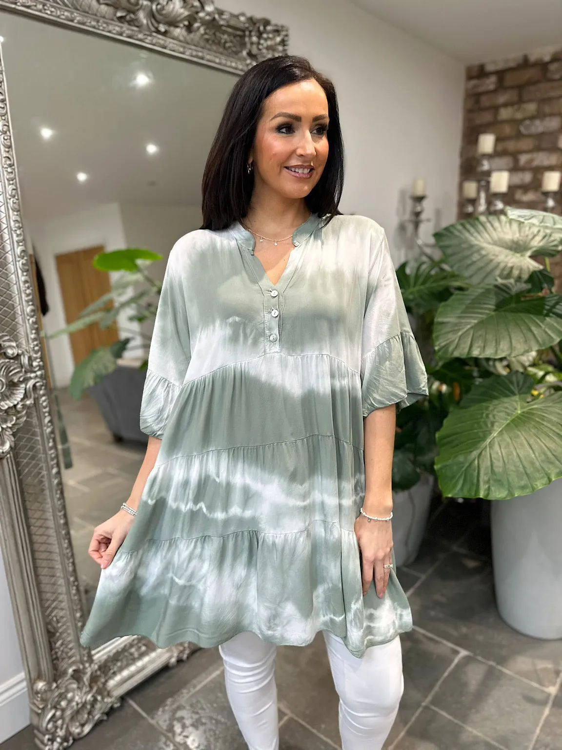 Khaki Tie Dye Tiered Tunic