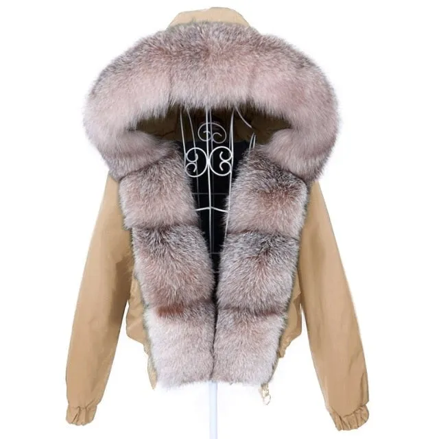 Khaki Winter Jacket with Full Sleeves and Natural Raccoon Fur Collar for Women