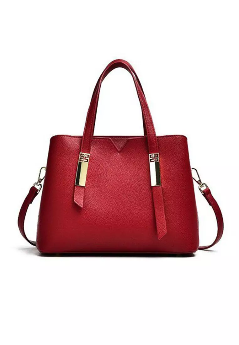 Lara Women's Stylish Plain PU Leather Multiple Intervals Zipper Tote Bag Shoulder Bag - Red