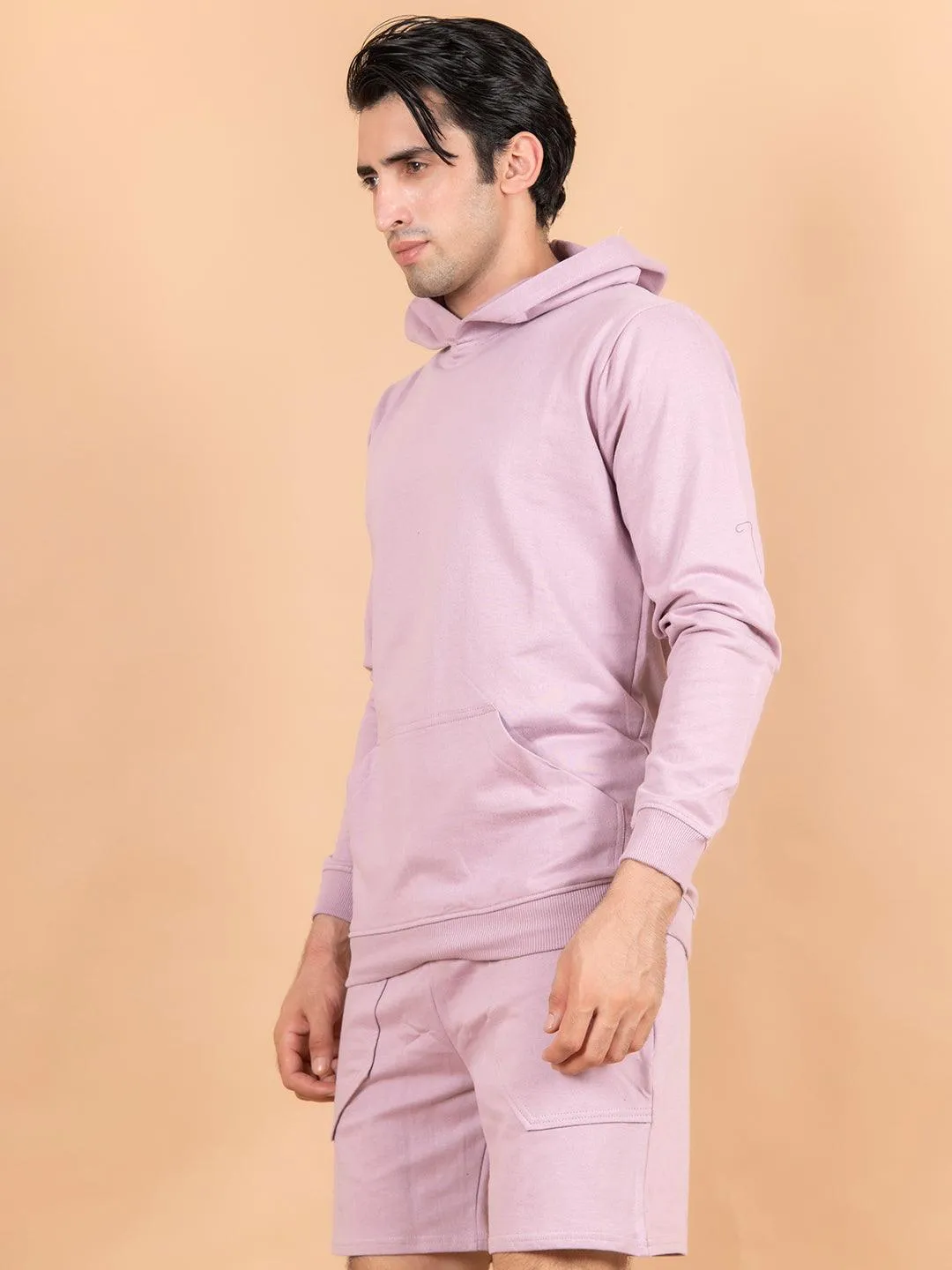 Lilac Solid Kangaroo Pattern Hoodie with Shorts Co-ord Set