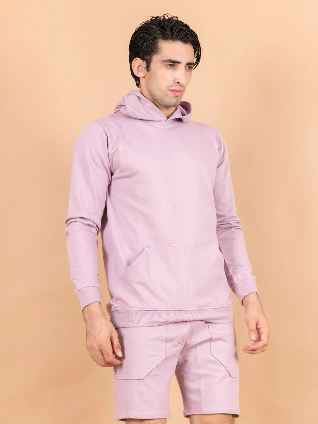 Lilac Solid Kangaroo Pattern Hoodie with Shorts Co-ord Set