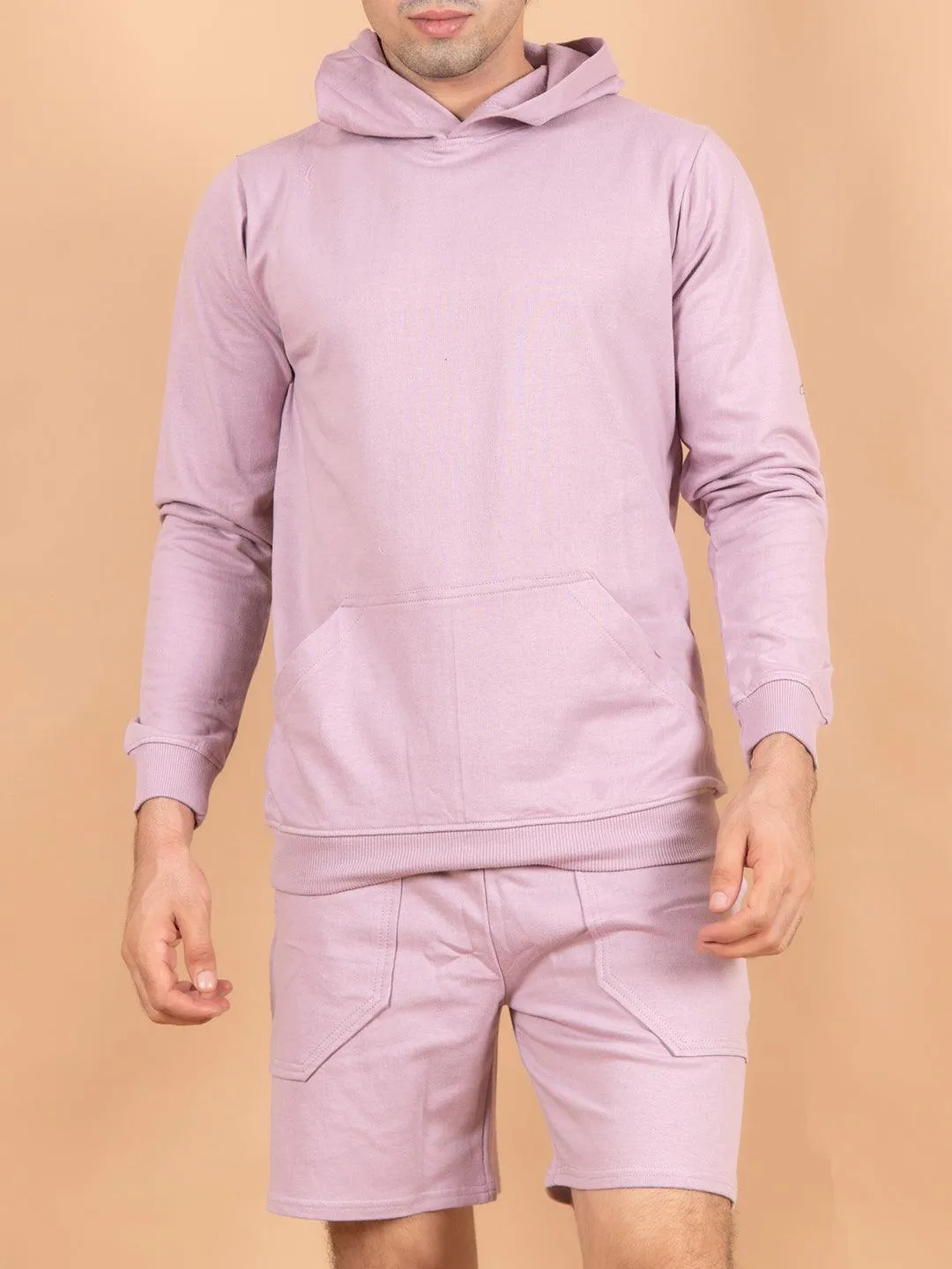 Lilac Solid Kangaroo Pattern Hoodie with Shorts Co-ord Set