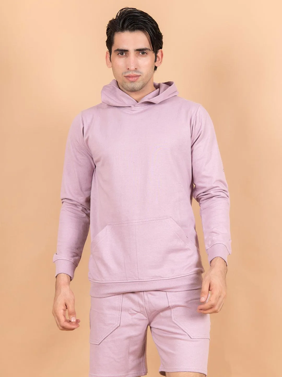 Lilac Solid Kangaroo Pattern Hoodie with Shorts Co-ord Set