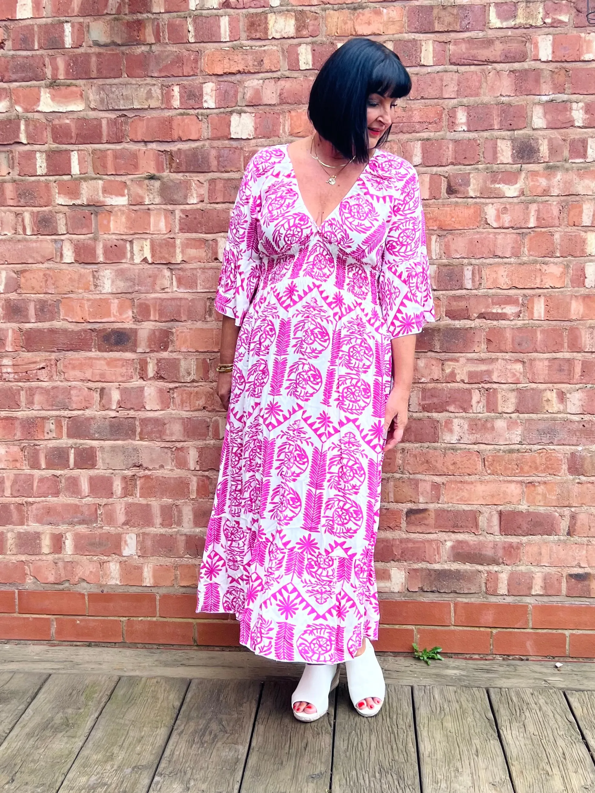 Lipstick Pink Maxi Tribal Dress with Flared Sleeves - Megan