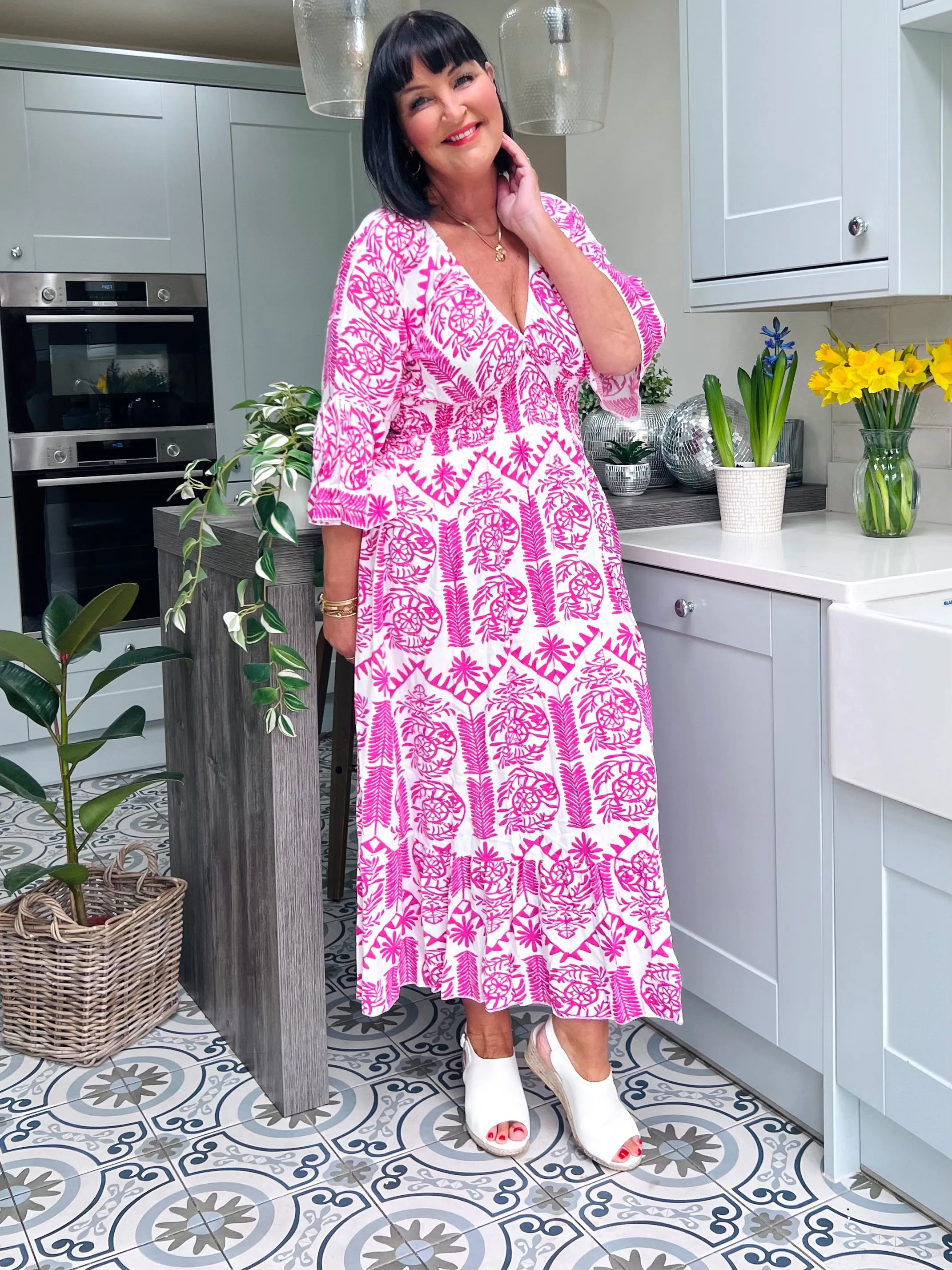 Lipstick Pink Maxi Tribal Dress with Flared Sleeves - Megan