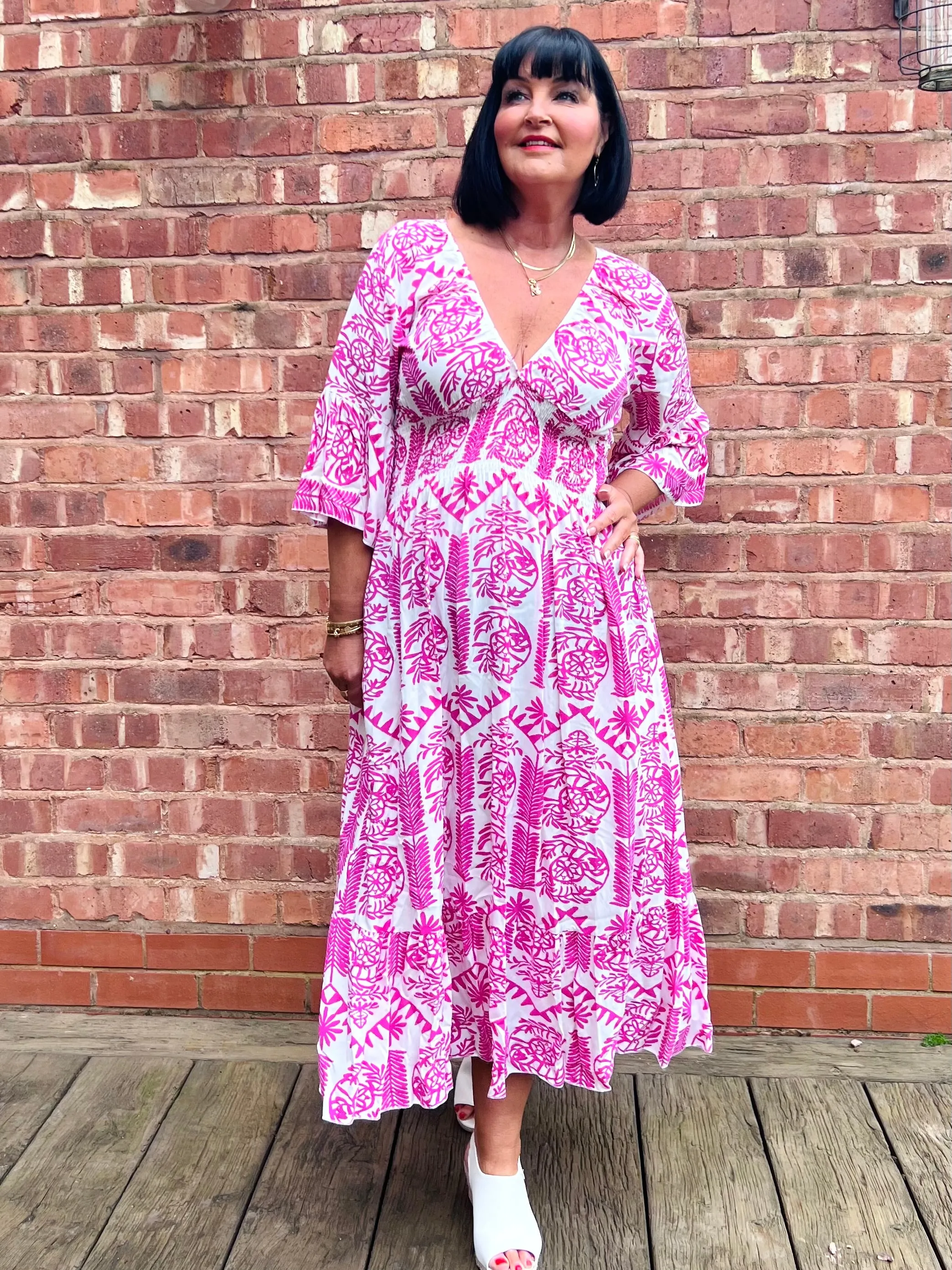 Lipstick Pink Maxi Tribal Dress with Flared Sleeves - Megan