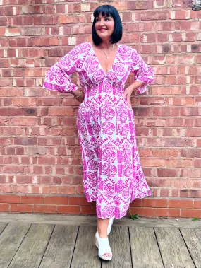 Lipstick Pink Maxi Tribal Dress with Flared Sleeves - Megan