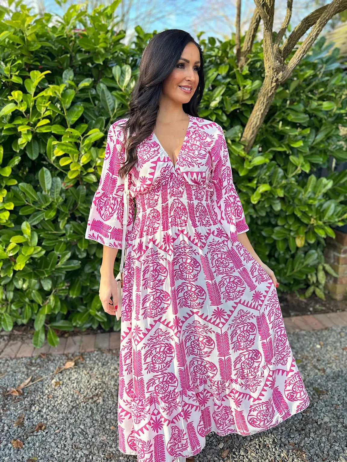 Lipstick Pink Maxi Tribal Dress with Flared Sleeves - Megan