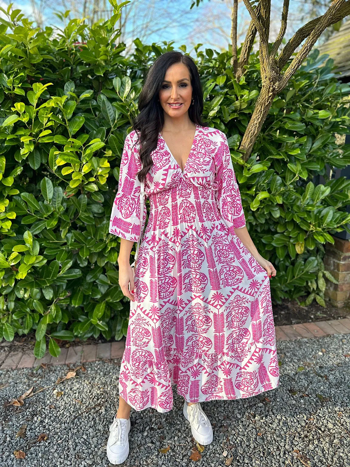 Lipstick Pink Maxi Tribal Dress with Flared Sleeves - Megan