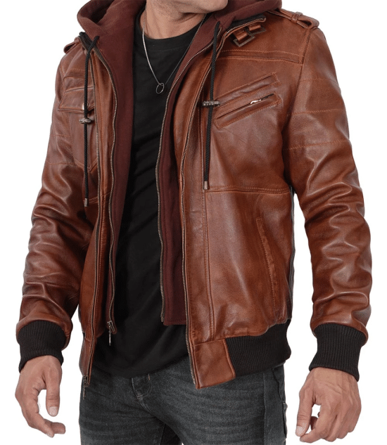 Men's Brown Tall Leather Bomber Jacket With Removable Hood