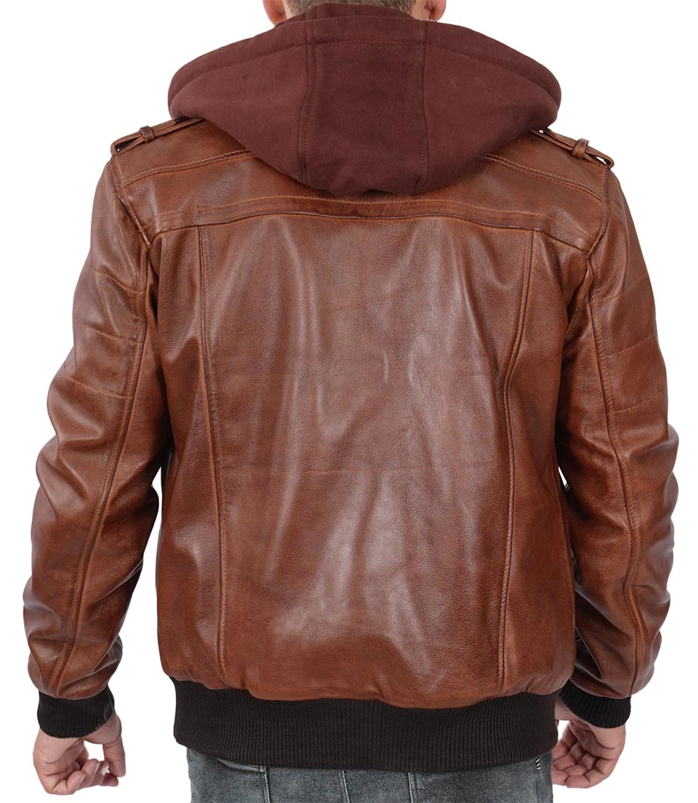 Men's Brown Tall Leather Bomber Jacket With Removable Hood