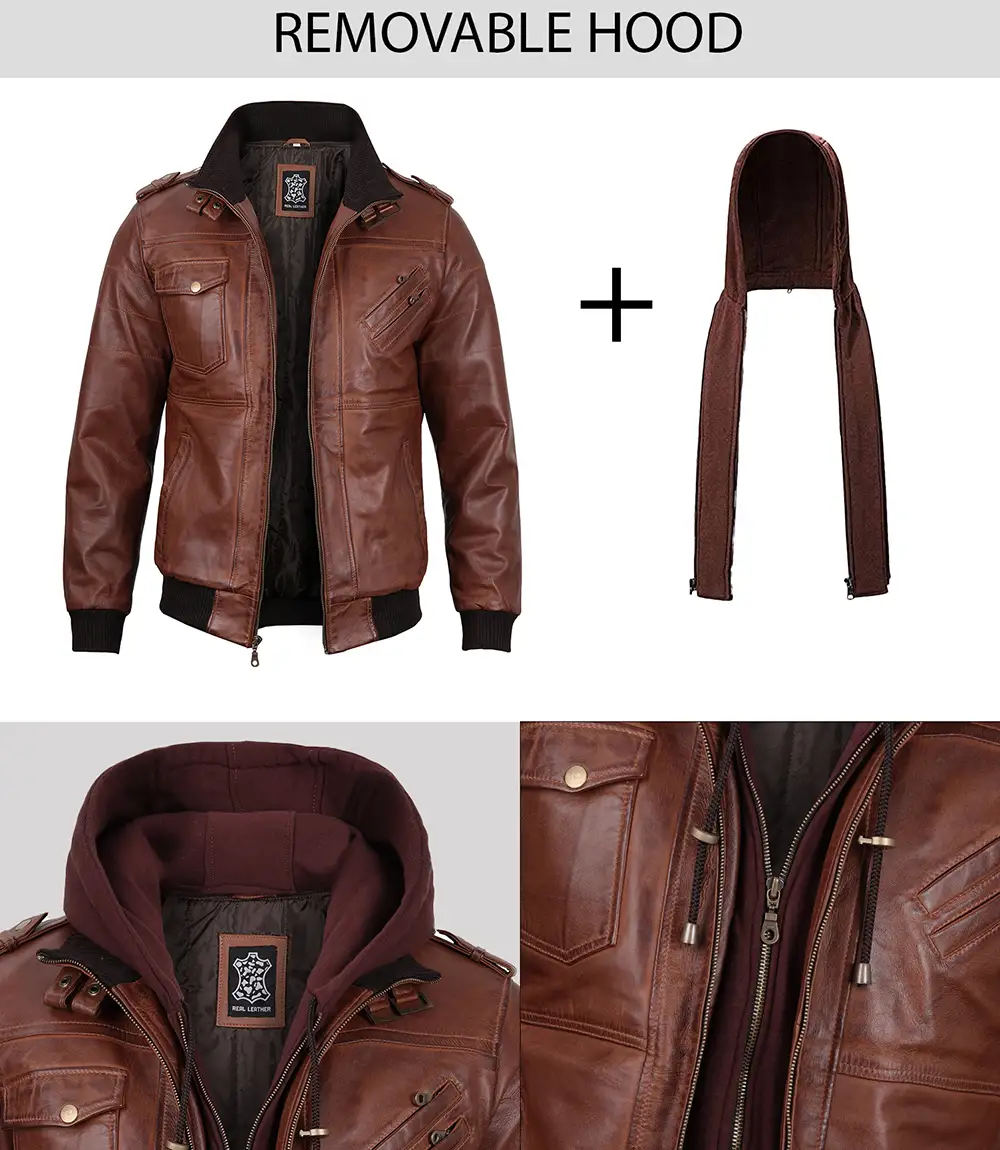 Men's Brown Tall Leather Bomber Jacket With Removable Hood